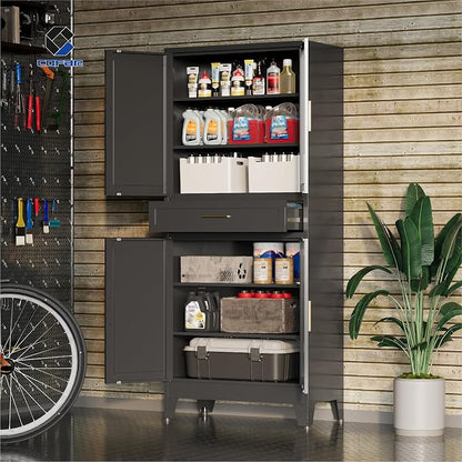 COFaR 71 in Tall Kitchen Pantry Cabinet with Drawer, Metal Pantry Storage Cabinet with 4 Adjustable Shelves and 4 Barn Doors, Freestanding Farmhouse Food Cupboard for Dining Room Garage, Black 6-Tier