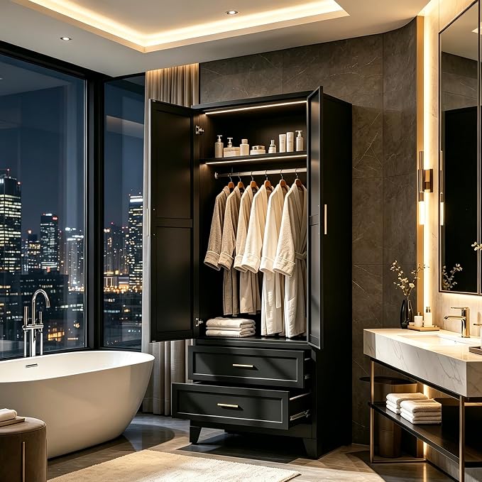 71" H Black Armoire Wardrobe Closet with Drawers,Metal Wardrobe Closet with Doors and Shelves,Tall Wardrobe Closet for Bedroom