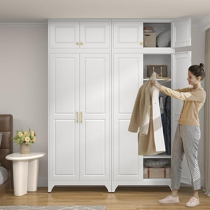 UNICOLY 86.6" Amoire Wardrobe Closet, 71" Wardrobe Cabinet with 15.74" Cabinet, Metal Closets with Hanging Rod for Bedroom School, Employee, Gym, Armarios De Ropa para Domitorio, White