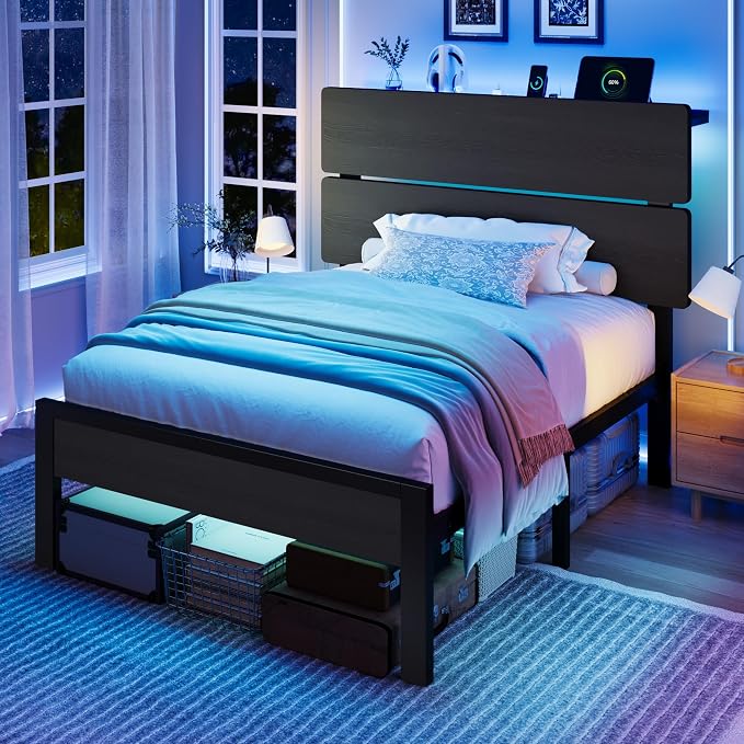 SHA CERLIN Twin Size Bed Frame with Led Light & Built-in Charging Station, Wooden Headboard with Storage Shelf, Metal Platform Bed, Under Bed Storage, No Box Spring Needed, Noise Free, Black