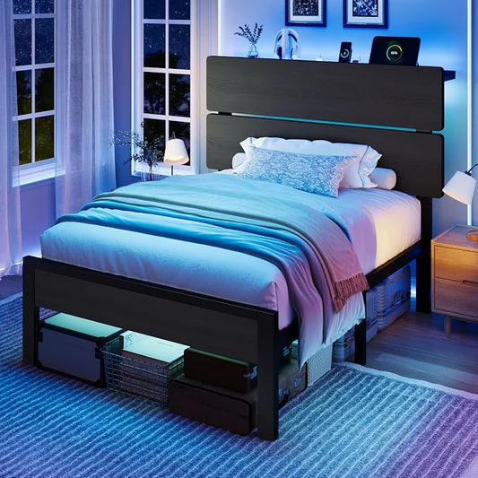SHA CERLIN Twin Size Bed Frame with Led Light & Built-in Charging Station, Wooden Headboard with Storage Shelf, Metal Platform Bed, Under Bed Storage, No Box Spring Needed, Noise Free, Black
