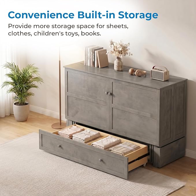Mjkone Queen Murphy Bed Cabinet with Tri-fold Mattress, Cabinet Bed with Built-in Charging Station, Storage Drawer, Solid Wood Cabinets Bed, Cube Murphy Chest Beds for Guest Room, Home, Office, Grey