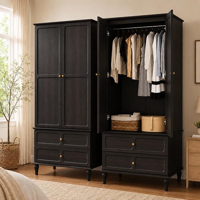HLR 71" Mid-Century Modern Armoire Wardrobe Closet with Doors and Drawers,Wooden Armoire Storage Cabinet with Hanging Rod for Bedroom,Large Capacity Storage,Black