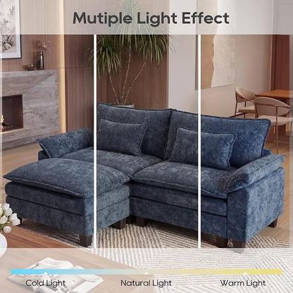 URRED Oversized Modular Sectional Sofa, 87" L Shaped Modern Comfy Cloud Couch with Movable Ottoman & Pillows, Deep Seat Couches for Living Room, Bedroom or Apartment (Chenille Blue, 87" L Shaped)