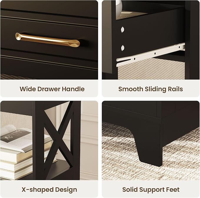 Tall Nightstand Set of 2 Side Table with 2 Drawers Modern Night Stand Wooden End Table Bedside Table with Upper Open Shelf Solid Feet for Bedroom Black