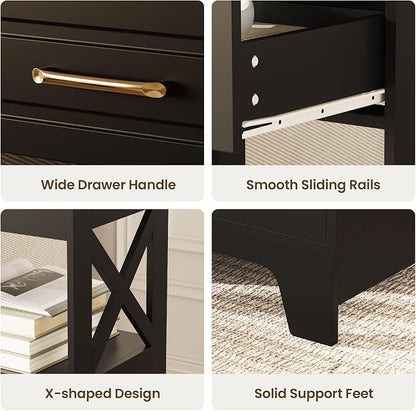 Tall Nightstand Set of 2 Side Table with 2 Drawers Modern Night Stand Wooden End Table Bedside Table with Upper Open Shelf Solid Feet for Bedroom Black