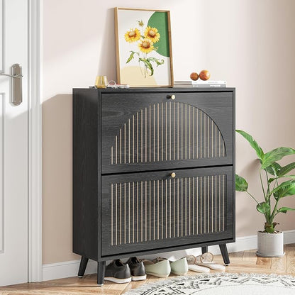 Fsbecl Shoe Storage Cabinet for Entryway with 2 Flip Drawers, Narrow Wood Shoe Cabinet with Fluted Panel, Freestanding Hidden Shoe Organizer for Foyer, Hallway (Black - with Shelf)