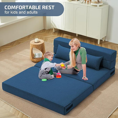 SUYOLS Folding Sofa Bed with Pillows- Convertible Chair Floor Couch & Sleeping Mattress, Foldable Memory Foam Sleeper for Living Room/Dorm/Guest Room/Home Office/Apartment/Loft, Full, Navy Blue