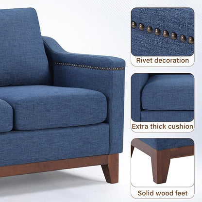 HAOMARKETS 4 Piece Fabric Sofa Set with Nailhead Trim, Included Single Accent Chair, 3-Seater Sofa Couches with Thicked Cushion and 2 Storage Ottoman with Flip-Top Table for Living Room, Blue