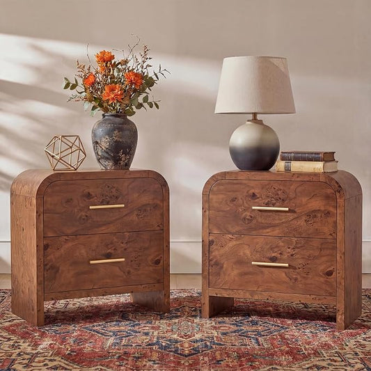 Night Stand Set of 2 [Unique Curved Profile] [FSC-Certified Wooden Board] 2-Drawer Nightstand 24" H Metal Handle Modern Sturdy Bedside Table Side Table End Table