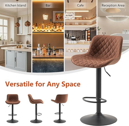 YOUTASTE Coffee Brown Bar Stools Set of 2 Adjustable Counter Height Barstools Faux Leather Bar Stool with Back Swivel Modern Metal Diamond Bar Chairs Home Kitchen Island Restuarant
