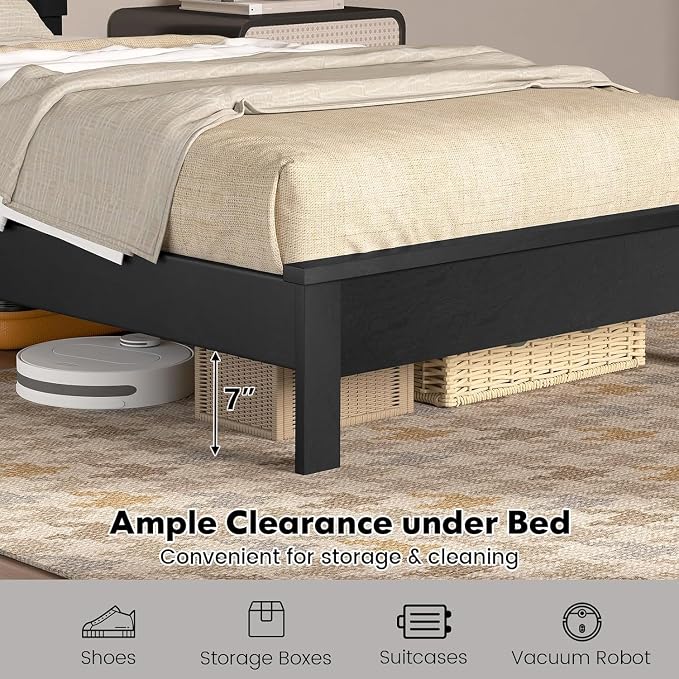 Wood Bed Frames with Headboard, Mid Century Bed Frame with Solid Wood Legs & Wooden Slat Support, Mattress Foundation Bed Base, No Box Spring Needed, (Black, Twin)