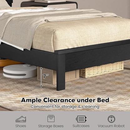 Wood Bed Frames with Headboard, Mid Century Bed Frame with Solid Wood Legs & Wooden Slat Support, Mattress Foundation Bed Base, No Box Spring Needed, (Black, Twin)