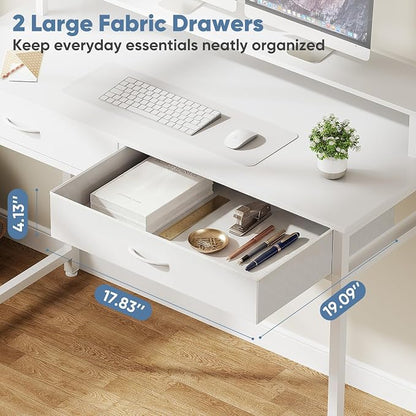 DUMOS 40 Inch Computer Desk with Monitor Stand and 2 Drawers, Small Writing Desk for Home Office with Headphone Hook, Compact Study Table for Bedroom, White