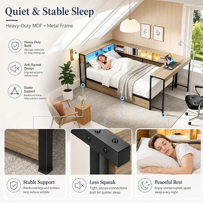 Bellemave Twin Corner Bed Frame with Storage Bookcase & 2 Drawers, Modern Metal Twin Daybed with LED Lights & Charging Station, Reversible Twin Corner Bed with Desk for Space-Saving, Grey