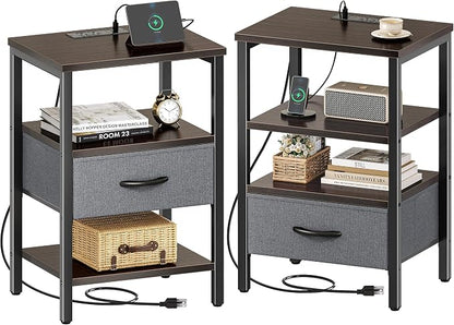 SUPERJARE Nightstand Set of 2, Bed Side Tables with Charging Station, Adjustable Fabric Drawer, Night Stand for Bedroom, 3-Tier Storage End Tables, Walnut