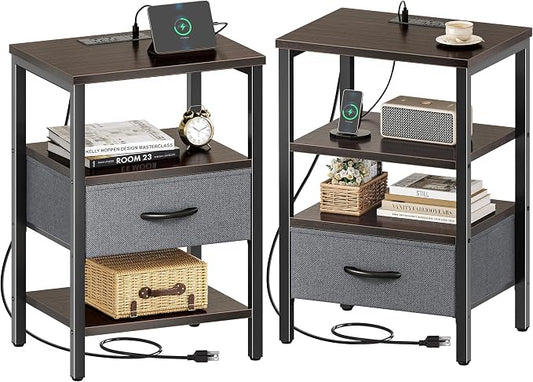 SUPERJARE Nightstand Set of 2, Bed Side Tables with Charging Station, Adjustable Fabric Drawer, Night Stand for Bedroom, 3-Tier Storage End Tables, Walnut