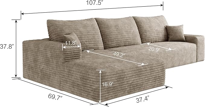 107" Boneless Couch with L Shaped Chaise, Plush Corduroy Sleeper Sectional Sofa, Deep Seat Comfy Couches for Living Room Bedroom, Compressed Foam Cloud Sofas, No Assembly, Left Facing Chaise, Camel