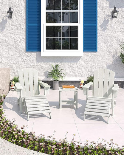 GarveeLife Folding Adirondack Chair Set of 4 with 2 Side Table, All-Weather HDPE Outdoor Chair, Wooden Textured with Cup Holder for patios, Decks, Gardens, fire pits, White