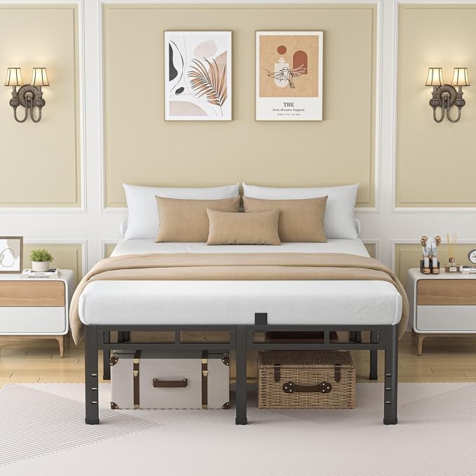 NKZ 18 Inch Queen Size Metal Bed Frame & Box Spring 2 in 1 Platform with Round Corner Legs, 4000Lbs Heavy Duty, Mattress Slide Stopper, Headboard Hole, Noise-Free, Easy Assembly