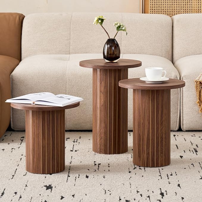 3-Piece Nesting Coffee Table Set, Modern Small Round Side Tables Fluted Drum Base, for Living Room Bedroom Apartment Small Space, Brown