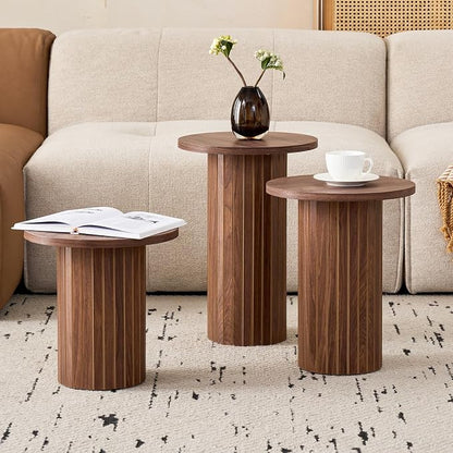 3-Piece Nesting Coffee Table Set, Modern Small Round Side Tables Fluted Drum Base, for Living Room Bedroom Apartment Small Space, Brown