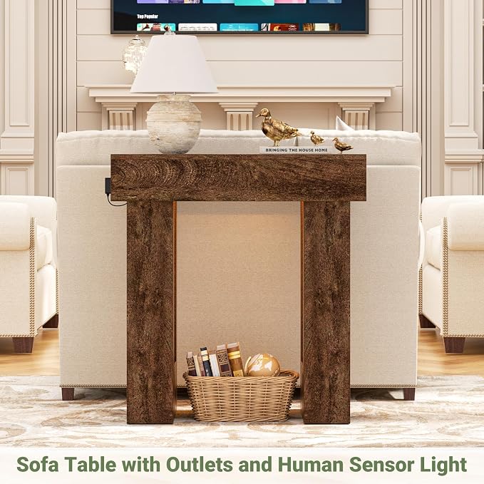 Unikito 32" Entryway Table with Socket and Sensor Light, Narrow Console Table with Storage Behind Couch, Farmhouse Entry Way Tables with Open Storage for Entrance/Hallway/Living Room