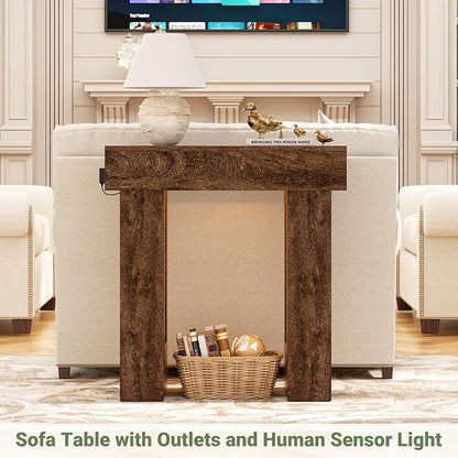 Unikito 32" Entryway Table with Socket and Sensor Light, Narrow Console Table with Storage Behind Couch, Farmhouse Entry Way Tables with Open Storage for Entrance/Hallway/Living Room