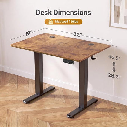 Claiks Electric Standing Desk, 32 x 19 Inch Small Height Adjustable Sit Stand Desk for Home Office, Computer Desk with Memory Presets, Cable Management&Headphone Hooks, 156 lbs Capacity, Rustic Brown