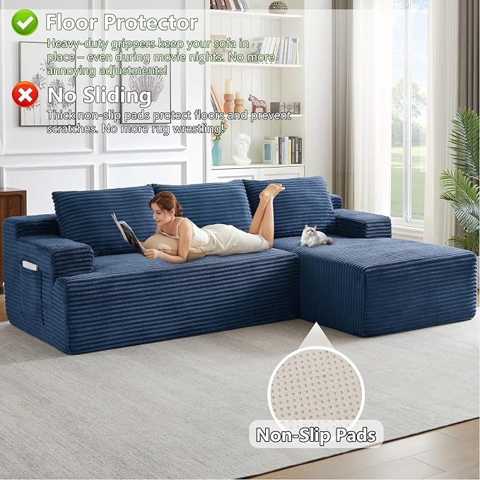 96" Modular Sectional Sofa, Modern Corduroy Cloud Couch with Side Pockets, Boneless Couch Upholstered 3-Seater L-Shaped Sofa for Living Room, No Assembly Required (Blue, Right-Facing Chaise)