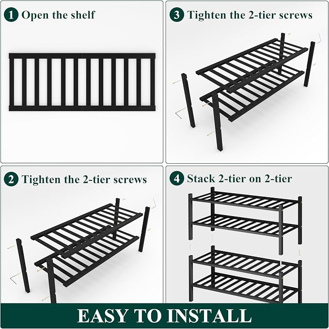 Smiry Bamboo Shoe Rack, 4 Tier Free Standing Wooden Shoe Organizer, Stackable Wood Shoe Storage Shelf for Closet, Entryway, 14 Vertical Slats, 2+2 Stack Heavy-Duty Legs, 26.8"x11"x26", Black