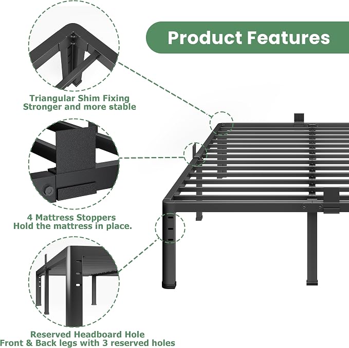 NKZ 20 Inch Metal Platform Bed Frame, Queen Size Bed Frame with Round Corner Legs, 3,500 lbs Heavy Duty Steel Slats Support, No Box Spring Needed, Easy Assembly, Noise Free