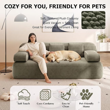 78.7" Queen Sofa Bed, Corduroy Boneless Couch in a Box, No Assembly | 30.7" extra-deep seat converts to a 78.7" x 60" queen sleeper with 3 pillows, no assembly, ideal for small spaces, Green