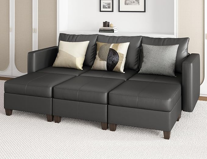 EASE MOOSE Faux Leather Sectional Sleeper Couch with Storage, Faux Leather Modular Sofa Bed Couch