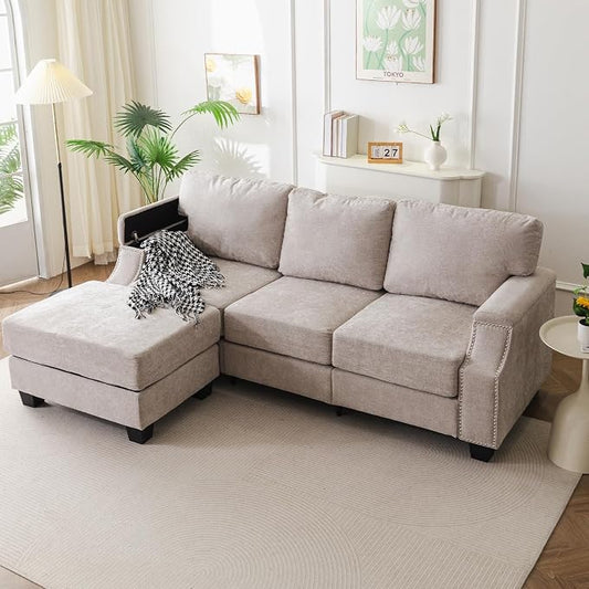 Rexulqo 85'' L Shaped Couch with Armrest Organizer,3 Seats Sofas with Storage Ottoman,Comfy Sectional Sofa with Thick Cushion,Chenille Sectional Couches for Living Room,Bedroom,Apartment,Khaki