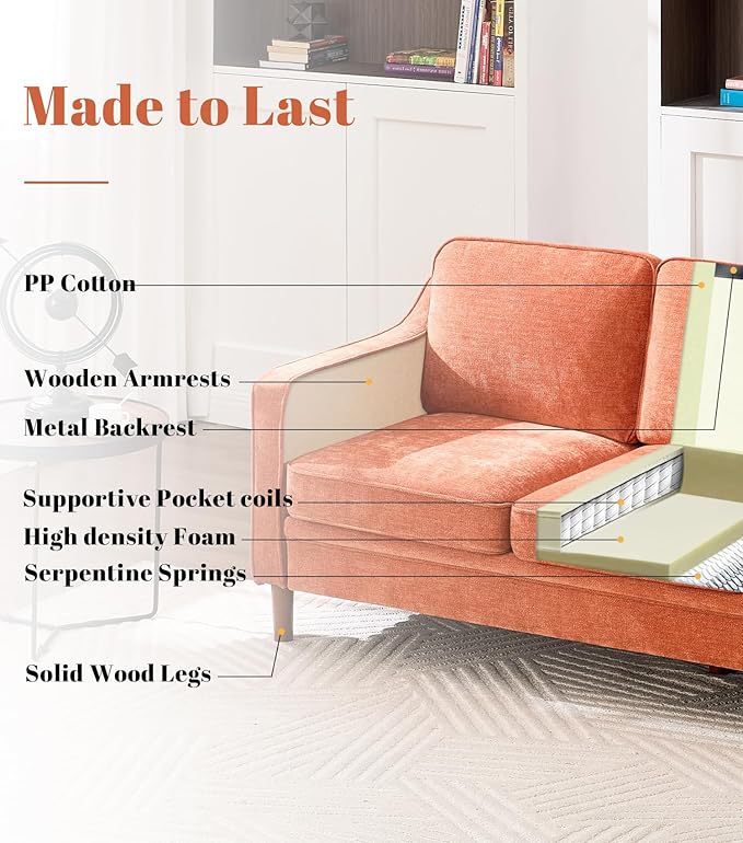 Kingfun 80" Chenille Sofa, 3 Seater Couch, Mid Century Modern Couches with Solid Wood Legs for Living Room Bedroom