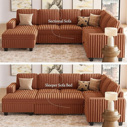 Belffin Corduroy Sleeper Sofa Bed with Storage Chaise Modular Sectional Sofa Couch with Pull Out Bed L Shaped Sectional Couches for Living Room Brick Red Couch