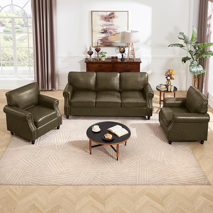 Kingfun 3 Seater Sofa, Mid-Century Modern Faux Leather Couch Set for Living Room, Darkcoffee with Rolled Arms & Nailhead Trim, Easy Assembly, Olive Green