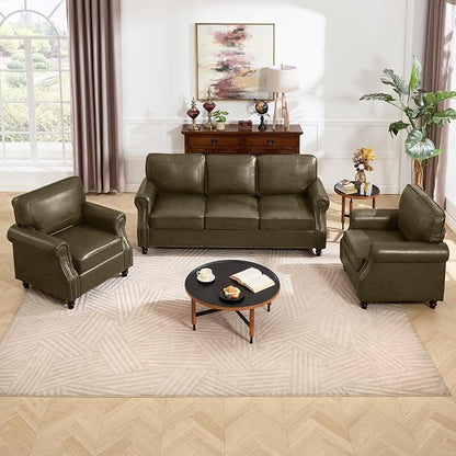 Kingfun 3 Seater Sofa, Mid-Century Modern Faux Leather Couch Set for Living Room, Darkcoffee with Rolled Arms & Nailhead Trim, Easy Assembly, Olive Green