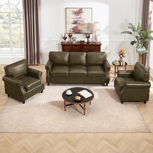 Kingfun 3 Seater Sofa, Mid-Century Modern Faux Leather Couch Set for Living Room, Darkcoffee with Rolled Arms & Nailhead Trim, Easy Assembly, Olive Green