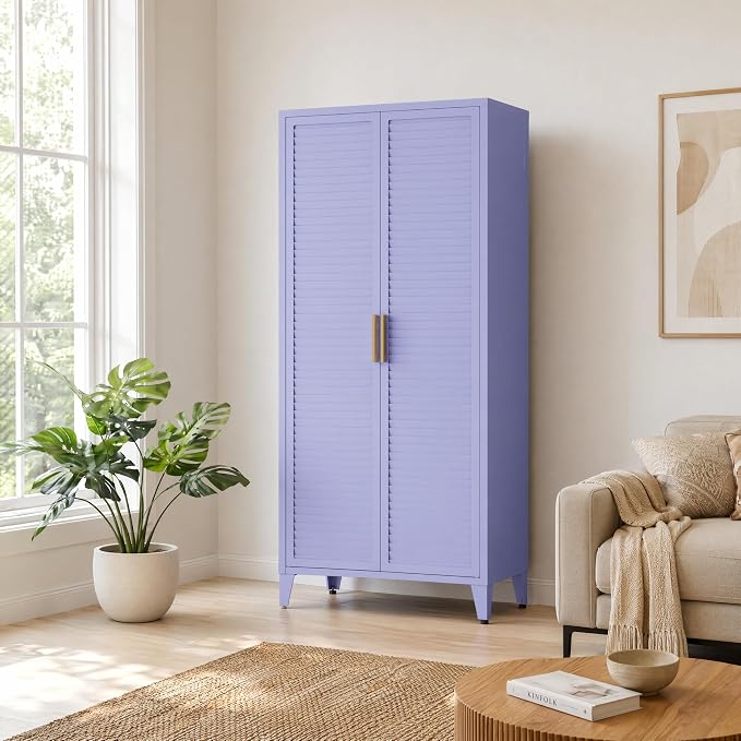 2 Door Tall Metal Storage Cabinet with 3 Adjustable Shelves,61'' Steel Locker Storage with Metal Handles and Elevated Legs,Multifunctional Storage Armoire for Home Bedroom Living Room Entryway(Purple)