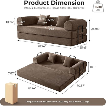 79" 5-in-1 Convertible Sofa Bed No Assembly, Boneless Couch Bed with High Density Foam, Foldable Sleeper Sofa, Corduroy Modular Couch for Apartment, Studio, Dorm Room, Small Space, Brown