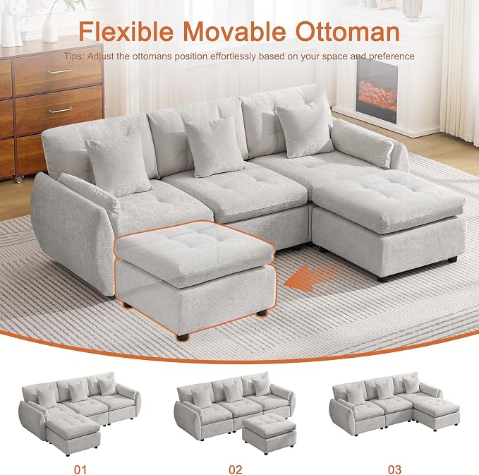 84" L Shaped Modular Sectional Cloud Sofa with Ottoman, Deep Seat Tufted Chenille 4-Seater Couch with Curved Arms, Light Grey