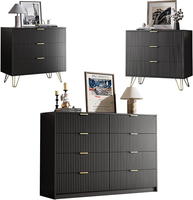 MAISONARIA 3-Piece Dresser Bedroom Set, 8 Drawer Dresser & 3 Drawer Nightstands with Gold Handles, Fluted Wood Chest of Drawers for Bedroom, Living Room, Entryway, Black