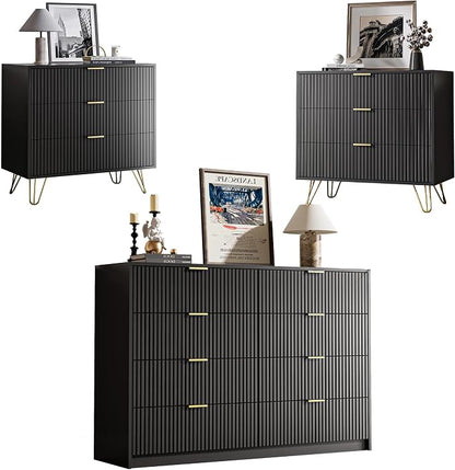 MAISONARIA 3-Piece Dresser Bedroom Set, 8 Drawer Dresser & 3 Drawer Nightstands with Gold Handles, Fluted Wood Chest of Drawers for Bedroom, Living Room, Entryway, Black