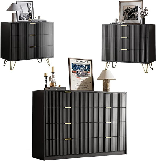 MAISONARIA 3-Piece Dresser Bedroom Set, 8 Drawer Dresser & 3 Drawer Nightstands with Gold Handles, Fluted Wood Chest of Drawers for Bedroom, Living Room, Entryway, Black