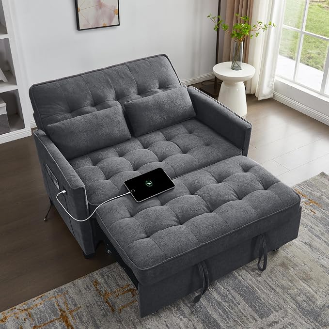 3 in 1 Convertible Sofa Bed, Pull Out Couch with Side Pocket, Sleeper Sofa with Adjustable Backrest | USB Charging Port | Two Pillows | Fabric | Charcoal Grey
