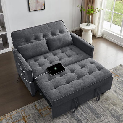 3 in 1 Convertible Sofa Bed, Pull Out Couch with Side Pocket, Sleeper Sofa with Adjustable Backrest | USB Charging Port | Two Pillows | Fabric | Charcoal Grey