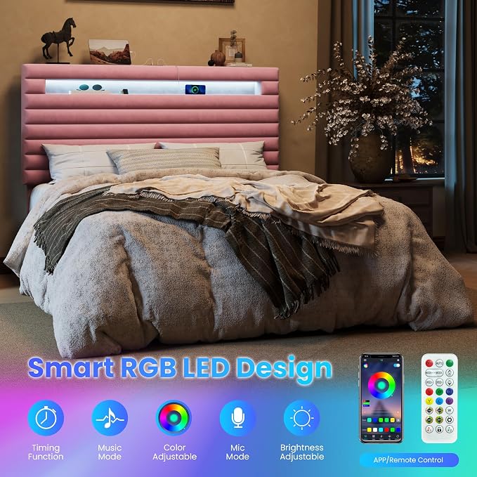 SHA CERLIN Full Bed Frame with LED Light & 2-Tier Storage Shelf, Velvet Upholstered Adjustable Headboard with Charing Station, Horizontal Channel Tufted, No Box Spring Needed, Easy Assembly, Pink
