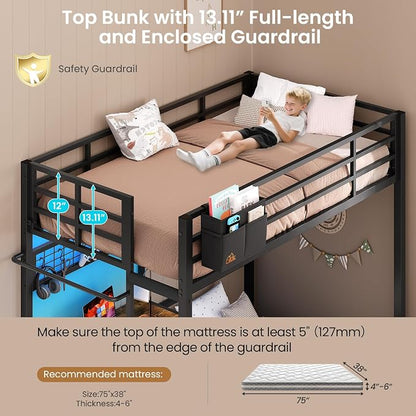 DICTAC Bunk Bed Twin Over Twin with Desk,Led Lights and Charging Station twin Bunk Beds with Storage Drawers and Shelves,Metal L-Shaped for kids with Safety Guardrail&Ladder,No Box Spring Needed,Black